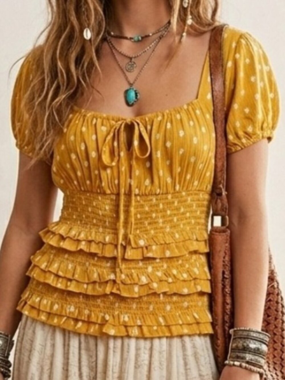 Rebellion Again Mustard Boho Chic Peasant Top Blouse Coastal Cowgirl - Medium